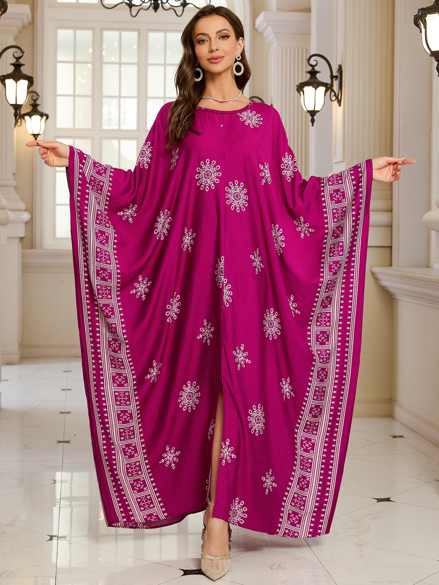 Geometric Pattern Kaftan Maxi Dress with Long Batwing Sleeves for Beach Cover Up